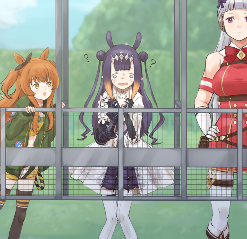 3girls, :o, ?, animal_ears, armband, black_thighhighs, blurry, blurry_background, bomber_jacket, bow, bowtie, commentary_request, confused, crinoline, double_bun, dress, gauntlets, gloves, gold_ship_(red_strife)_(umamusume), gold_ship_(umamusume), green_jacket, hair_bun, hands_on_own_hips, highres, hololive, hololive_english, horse_ears, horse_girl, jacket, knees_together_feet_apart, long_hair, long_sleeves, looking_at_another, mayano_top_gun_(scramble_zone)_(umamusume), mayano_top_gun_(umamusume), multiple_girls, ninomae_ina'nis, ninomae_ina'nis_(ina_the_hero), okadain, open_clothes, open_dress, orange_hair, outdoors, pantyhose, purple_eyes, purple_hair, racetrack, single_gauntlet, standing, starting_gate, tentacle_hair, thighhighs, two_side_up, umamusume, virtual_youtuber, white_gloves, white_hair, white_pantyhose, yellow_eyes