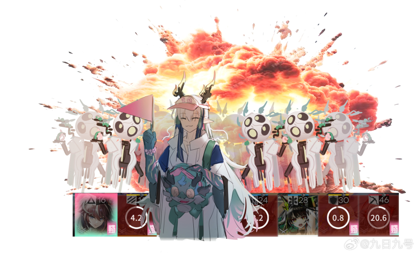 1boy, :3, arknights, art_is_explosion_(meme), baseball_cap, cantabile_(arknights), cantabile_(bard_by_the_lake)_(arknights), chinese_commentary, closed_eyes, commentary, dragon_boy, dragon_horns, explosion, flag, gameplay_mechanics, hat, highres, holding, holding_flag, horns, jiuri_jiuhao, kirin_r_yato_(arknights), liang_(arknights), meme, mon3tr_(arknights), pennant, shu_(arknights), shu_(spring_feast)_(arknights), single_pennant, smile, solo, w_(arknights), watermark, weibo_watermark, wis'adel_(arknights), wis'adel_(supernova)_(arknights), yato_(arknights), yi_(arknights), yi_(mascot)_(arknights)