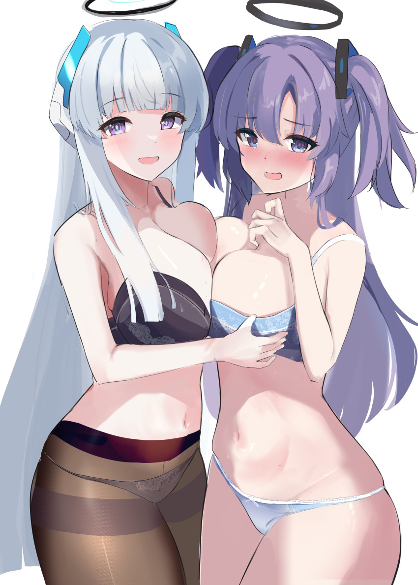 2girls, absurdres, aramocyaillust, bare_arms, bare_shoulders, black_bra, black_pantyhose, blue_archive