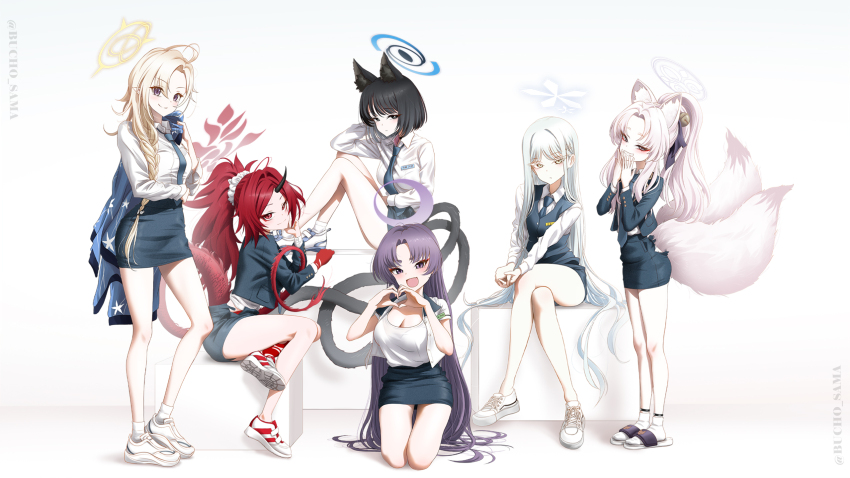 6+girls, alternate_costume, alternate_eye_color, alternate_hairstyle, animal_ear_fluff, animal_ears, ankle_socks, ayame_(blue_archive)