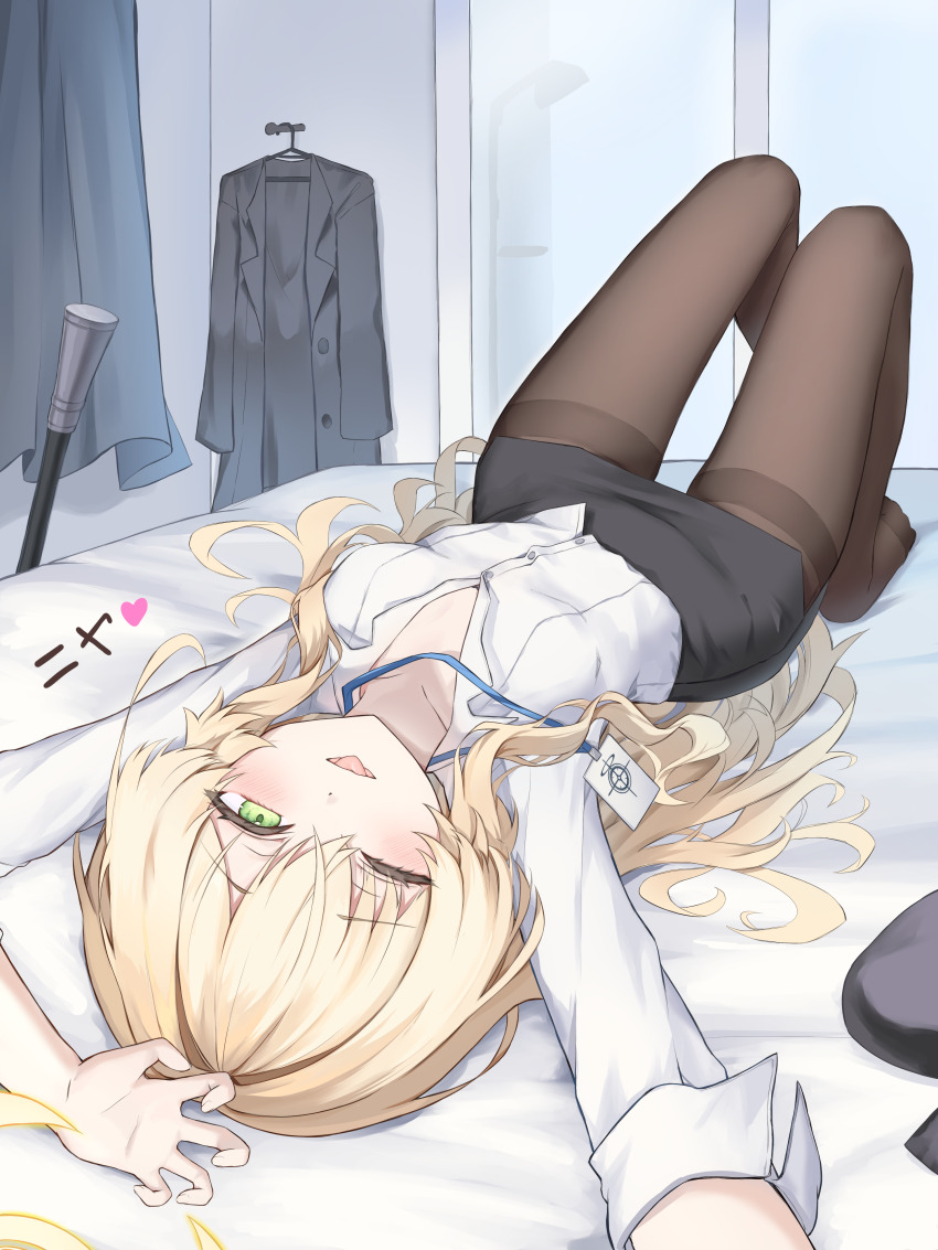 1girl, absurdres, bed, black_coat, black_pantyhose, black_skirt, blonde_hair, blue_archive
