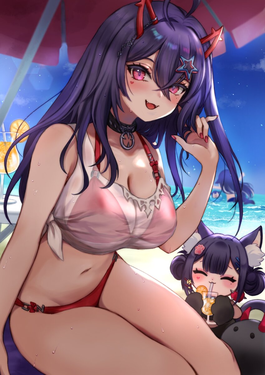 4girls, absurdres, ahoge, akuma_nihmune, alternate_costume, animal_ears, beach, beach_umbrella