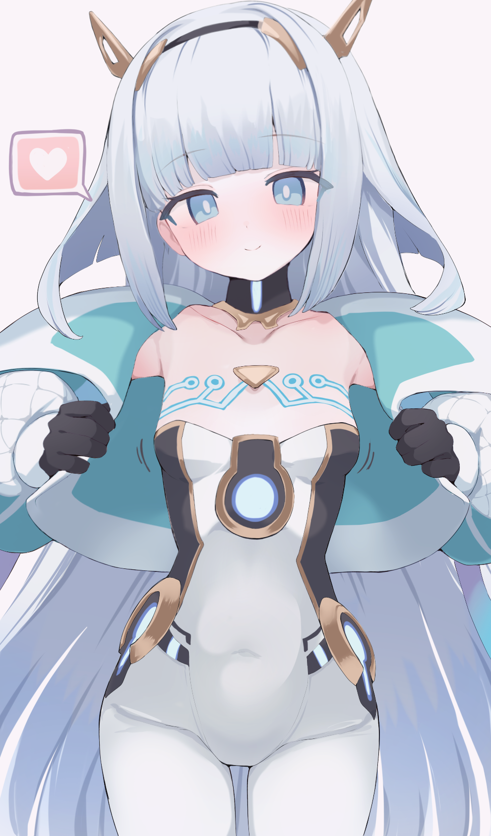 1girl, blue_eyes, bodysuit, breasts, commentary, eudie_(shadowverse), gloves, heart, highres, hone_kawa, long_hair, shadowverse, small_breasts, solo, spoken_heart, variant_set