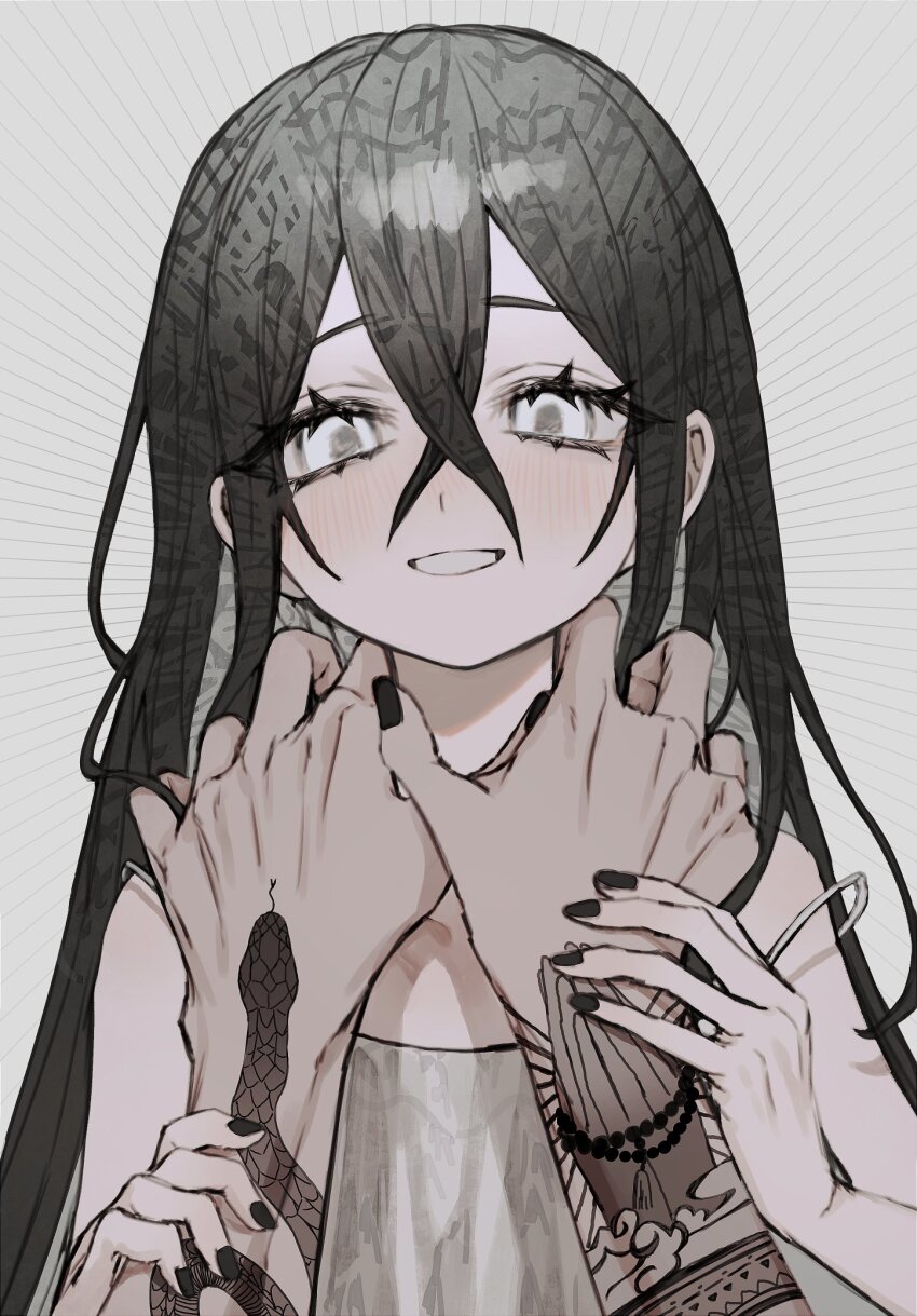 1girl, 1other, arm_tattoo, black_hair, eyelashes, grey_background, grey_eyes, hair_between_eyes