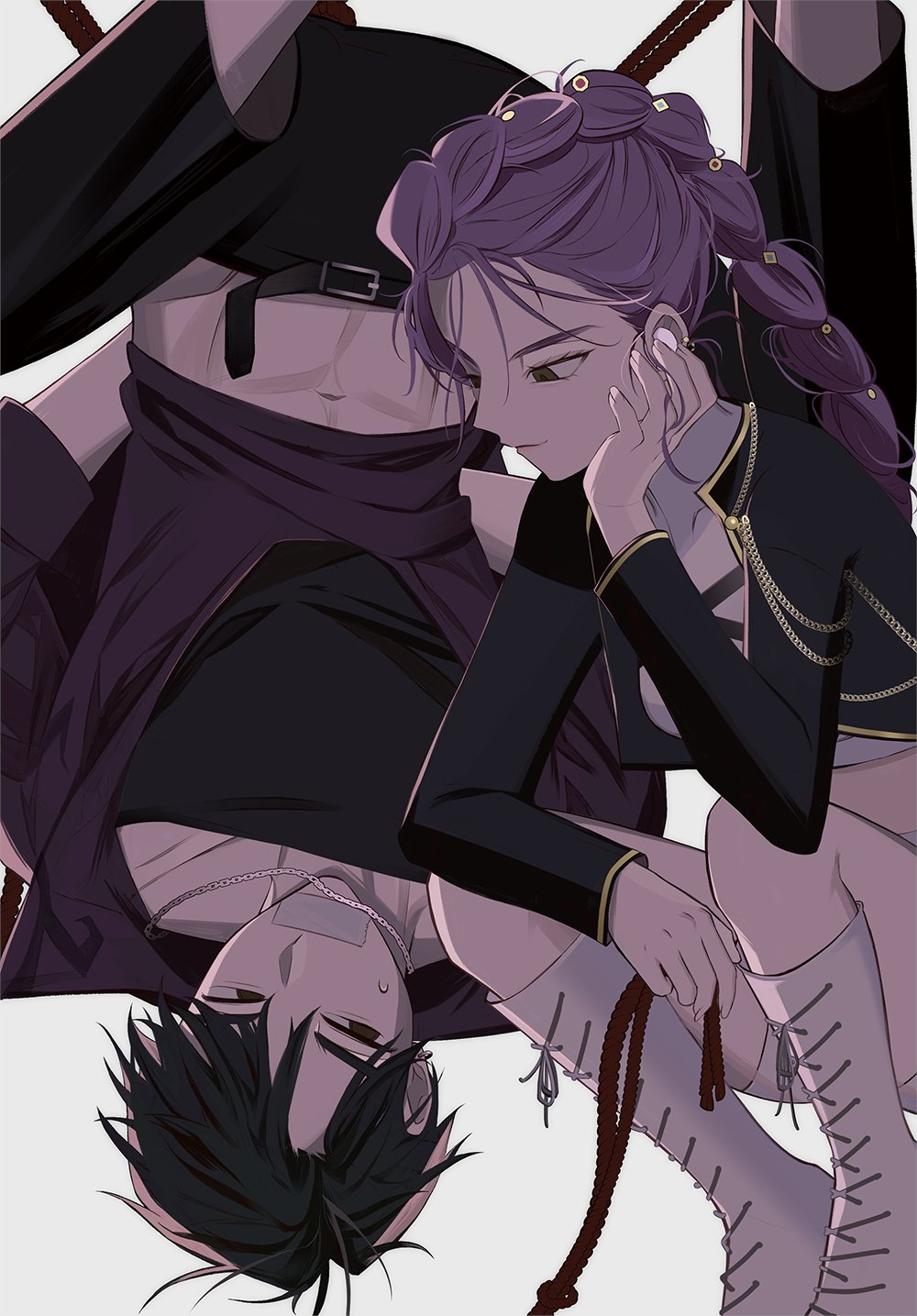 1boy, 1girl, abs, black_hair, black_jacket, black_pants, boots, braid