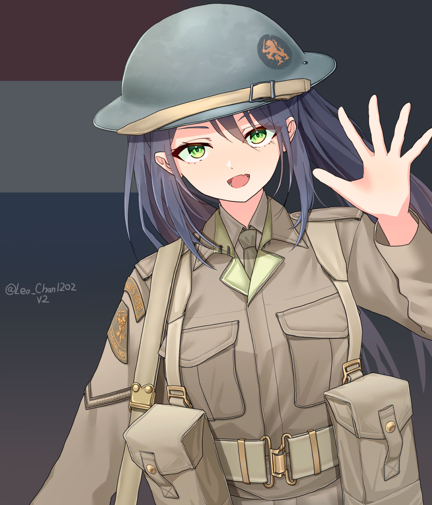 1girl, absurdres, ammunition_pouch, artist_name, belt, blue_hair, breast_pocket, brodie_helmet
