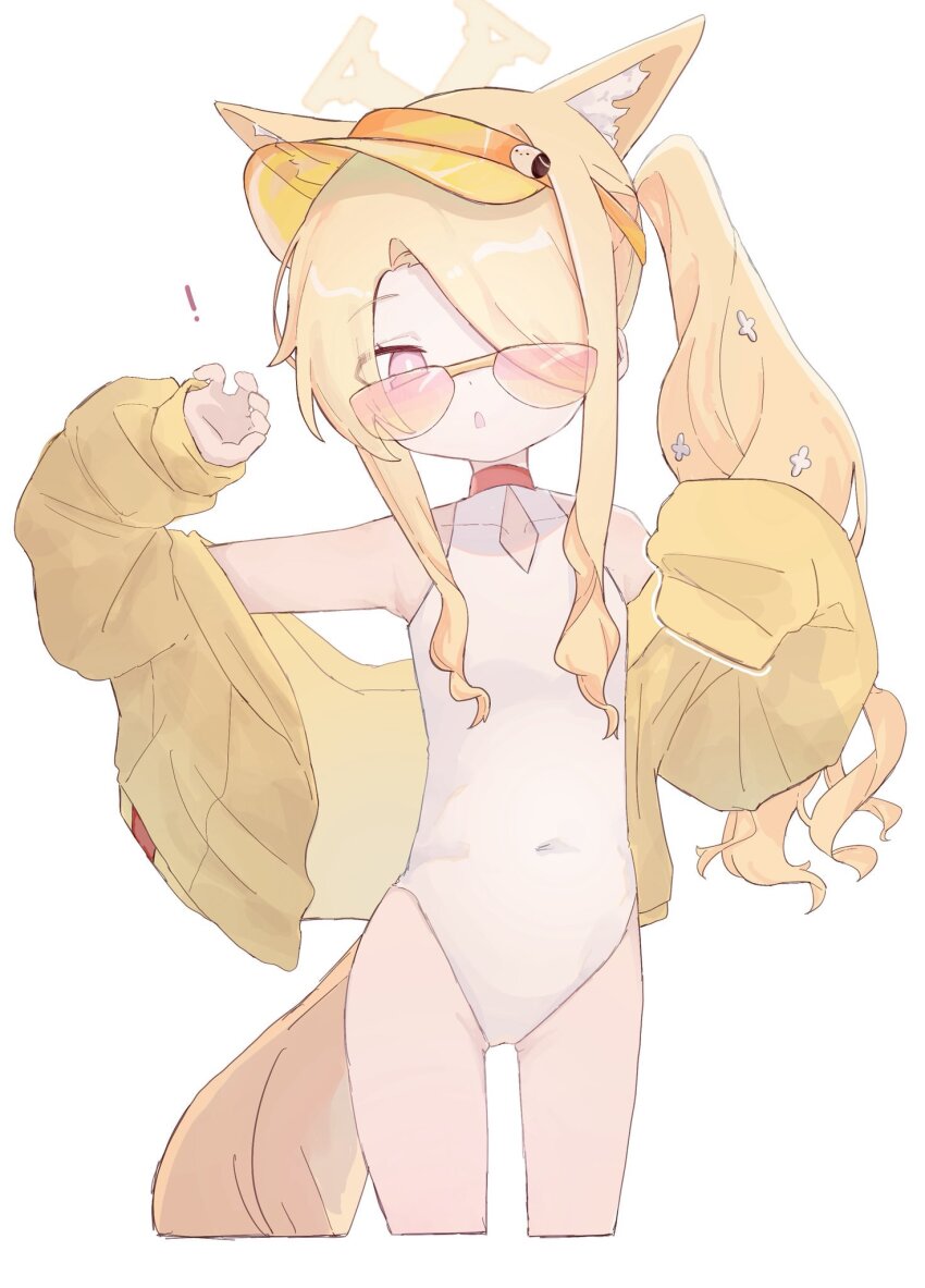 !, 1girl, :o, aimi7333, animal_ear_fluff, animal_ears, bare_shoulders, blonde_hair, blue_archive, covered_navel, cropped_legs, cross_halo, diamond_cutout, extra_ears, flat_chest, fox_ears, fox_girl, fox_tail, hair_over_one_eye, halo, hands_up, highleg, highleg_one-piece_swimsuit, highres, jacket, loli, long_hair, long_sleeves, looking_at_viewer, off_shoulder, official_alternate_costume, one-piece_swimsuit, one_eye_covered, pink_eyes, seia_(blue_archive), seia_(swimsuit)_(blue_archive), side_ponytail, simple_background, sleeves_past_wrists, solo, sunglasses, swimsuit, tail, thighs, very_long_hair, visor_cap, white_background, white_one-piece_swimsuit, yellow_halo, yellow_jacket, yellow_visor