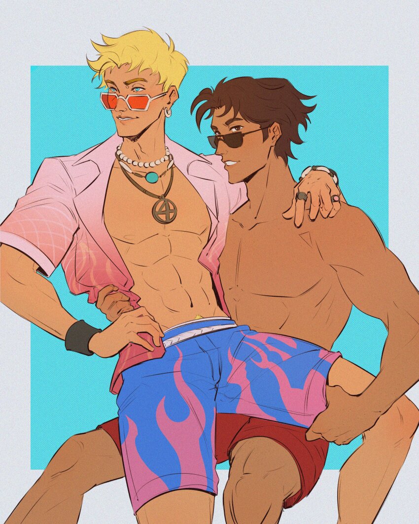 2boys, absurdres, blonde_hair, blue_eyes, brown_hair, fantastic_four, highres, johnny_storm, johnny_storm_(sunny_sizzler), male_focus, marvel, marvel_rivals, multiple_boys, muscular, muscular_male, peter_parker, shirt, short_hair, smile, spider-man_(series), sunglasses, underscorecip, yaoi