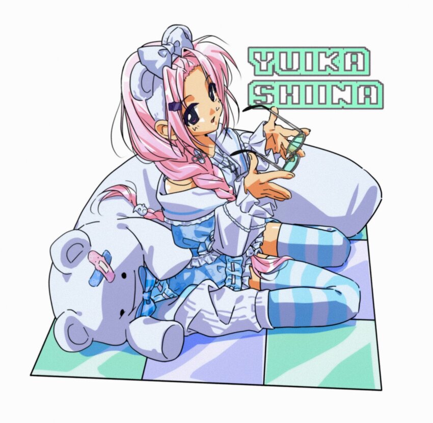 1990s_(style), 1girl, animal_ear_hairband, animal_ears, bear_ear_hairband, bear_ears, blue_thighhighs, bow_hairband