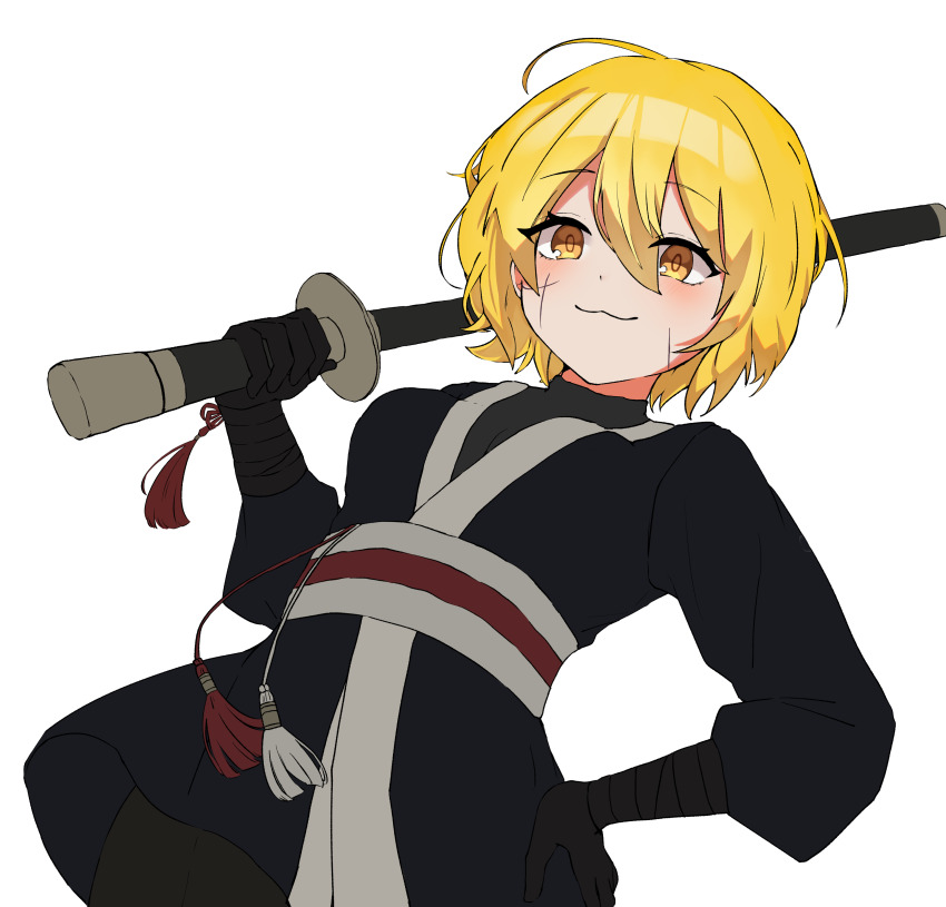 1girl, absurdres, black_jacket, black_shirt, blonde_hair, don_quixote_(project_moon), hair_between_eyes, highres