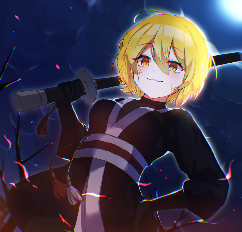1girl, absurdres, black_jacket, black_shirt, blonde_hair, don_quixote_(project_moon), hair_between_eyes, highres, holding, holding_sword, holding_weapon, jacket, limbus_company, medium_hair, nuinuinunnu, official_alternate_costume, project_moon, scar, scar_on_face, shirt, sword, weapon, yellow_eyes