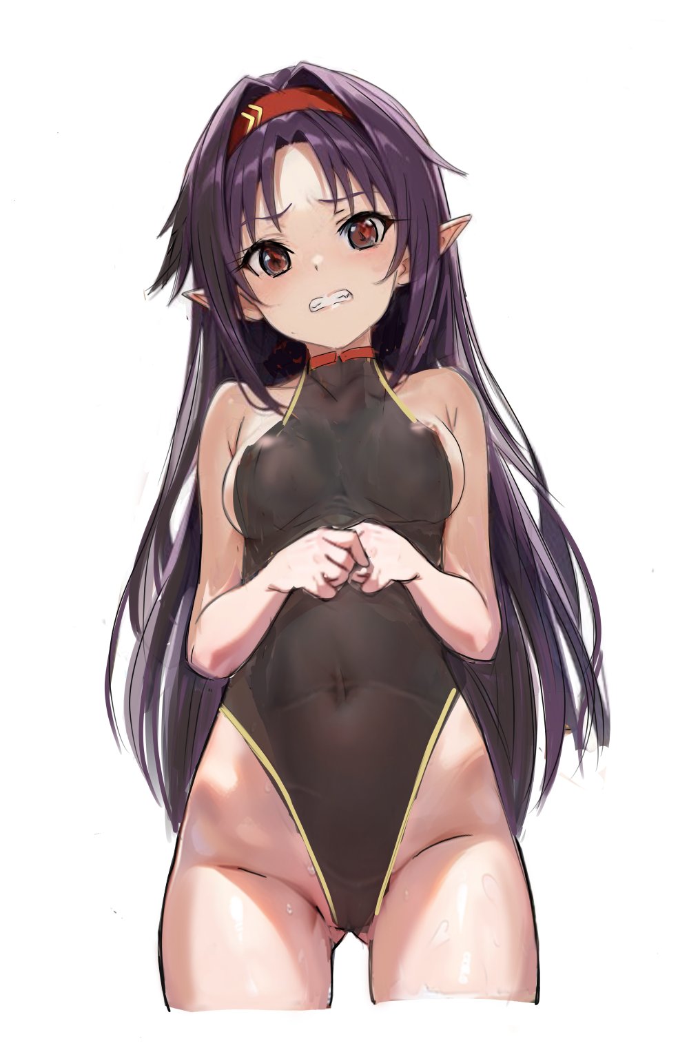 1girl, black_leotard, breasts, commentary_request, from_below, gluteal_fold, hair_intakes, hairband