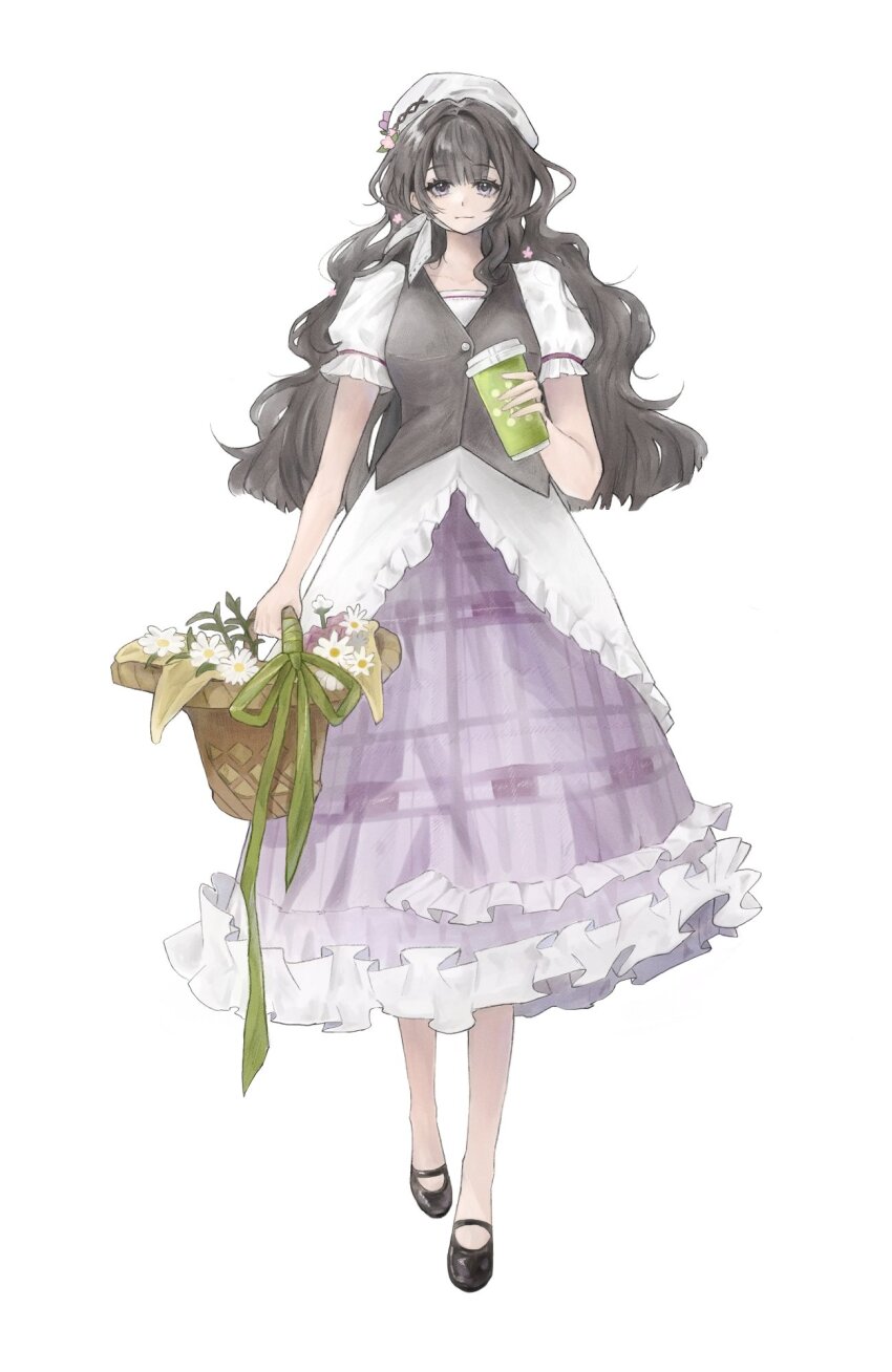 1girl, basket, beret, black_shoes, black_vest, brown_hair, chinstrap, cup