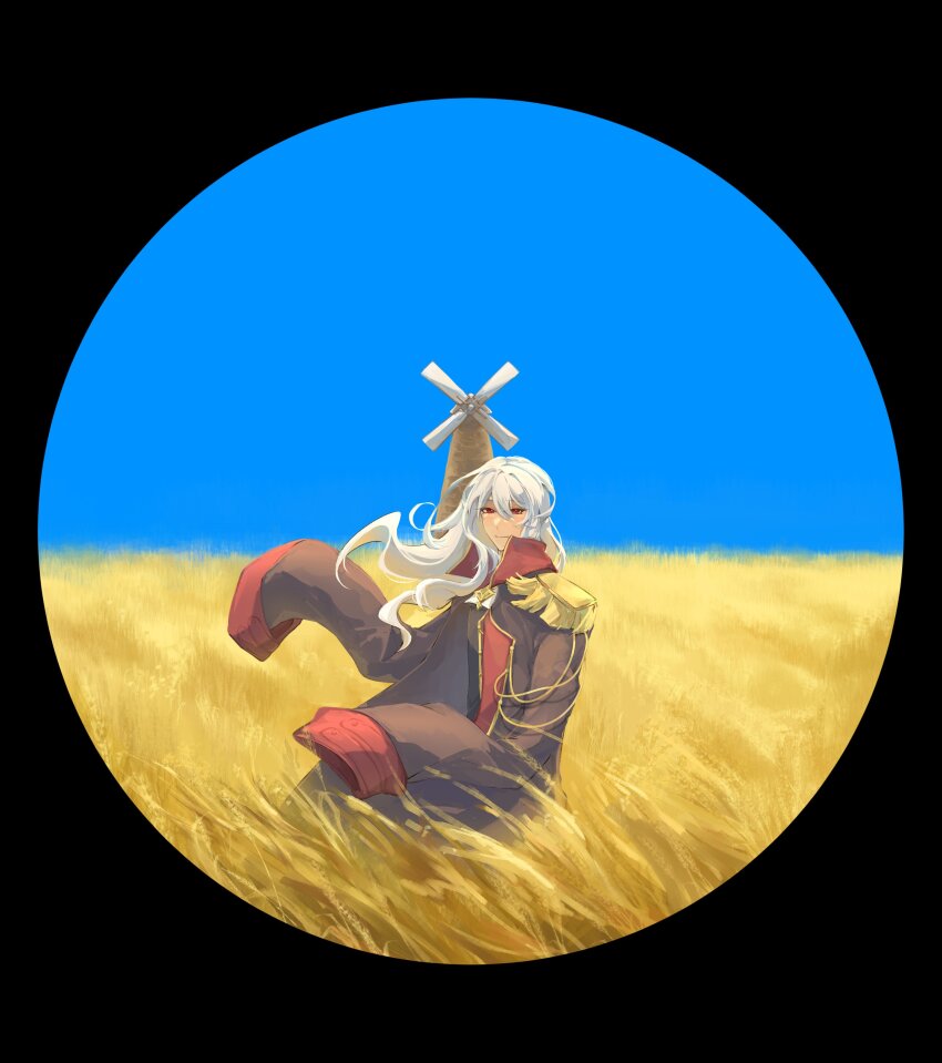 1boy, absurdres, autorefractor_test, black_bow, border, bow, brown_jacket, commentary