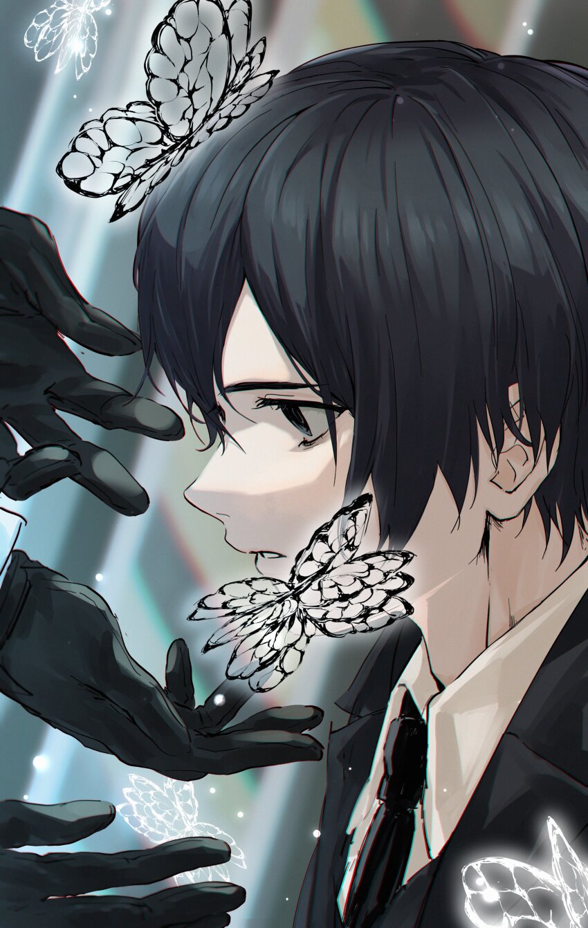 1boy, 1other, absurdres, bags_under_eyes, black_butterfly, black_coat, black_eyes, black_gloves