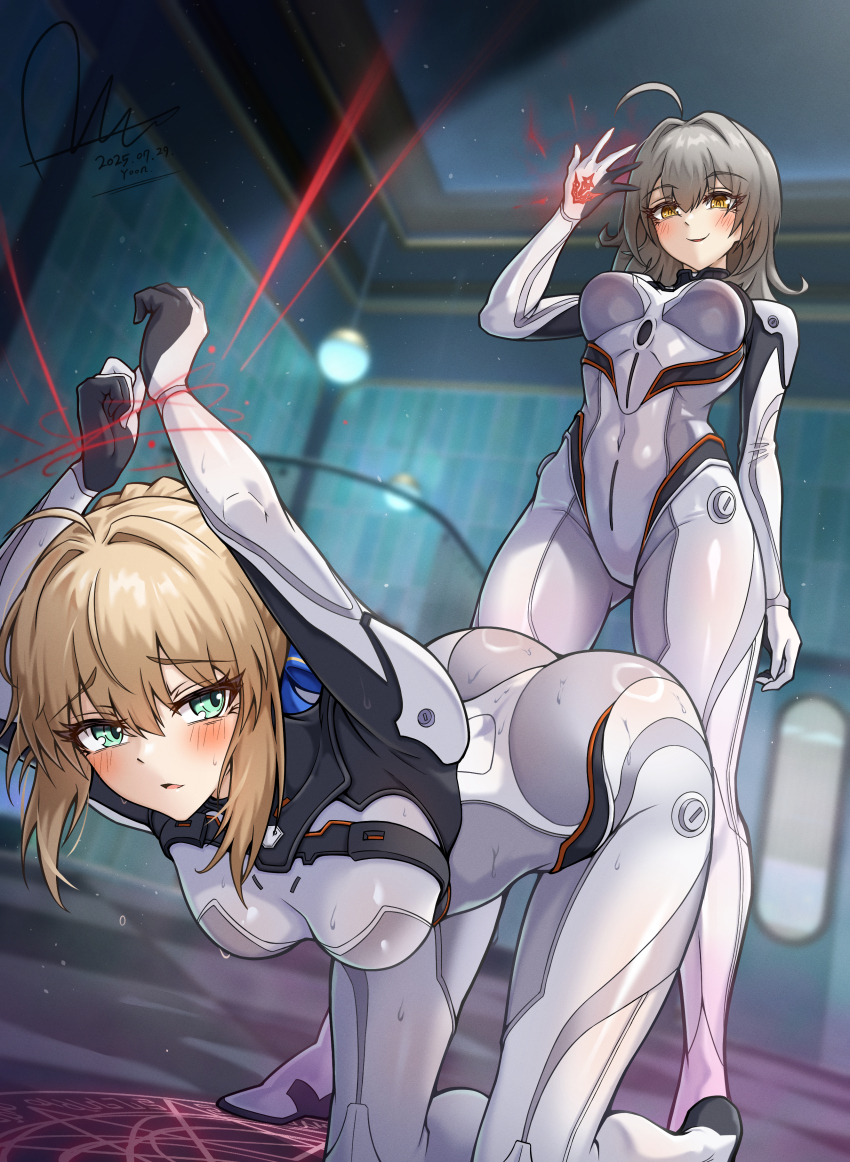 1girl, 2girls, absurdres, artoria_pendragon_(fate), blonde_hair, bodysuit, breasts, brown_hair