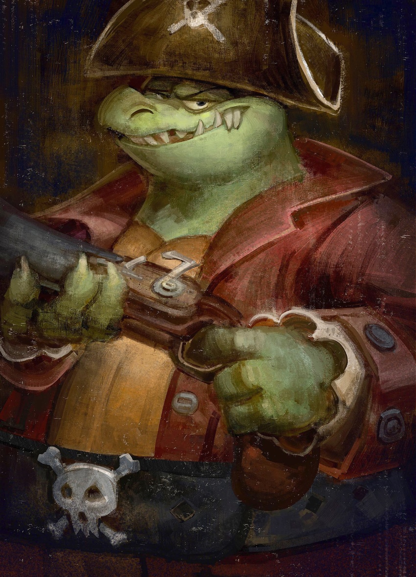 1boy, absurdres, antique_firearm, blunderbuss, brown_coat, coat, colored_skin, crocodilian, donkey_kong_(series), donkey_kong_country_2, firearm, green_skin, gun, hat, highres, holding, holding_gun, holding_weapon, king_k._rool, looking_at_viewer, luis_huerta, male_focus, nintendo, pirate_hat, skull_and_crossbones, solo, weapon