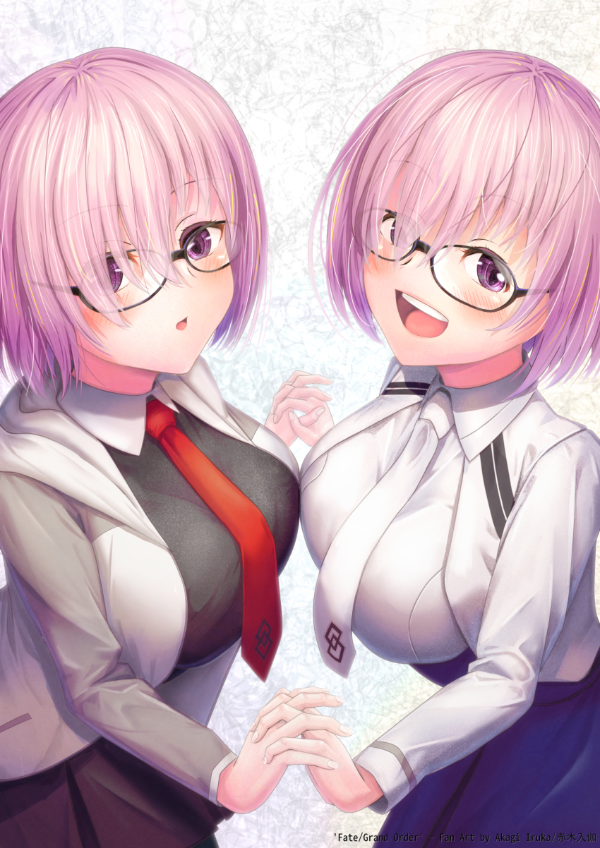 2girls, akagi_iruka, anniversary, artist_name, black-framed_eyewear, black_pantyhose, black_shirt, blue_skirt