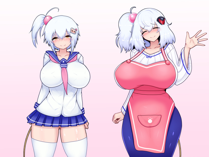 2girls, apron, blue_skirt, blush, bombergirl, bomberman, breasts, character_hair_ornament, cowboy_shot, double_zeta, fuse, fuse_tail, gluteal_fold, hair_bobbles, hair_ornament, jewelry, large_breasts, looking_at_viewer, microskirt, mother_and_child, mother_and_daughter, multiple_girls, neckerchief, one_side_up, parent_and_child, pink_apron, pink_neckerchief, ring, school_uniform, serafuku, shiro_(bombergirl), shiroe_(bombergirl), shirt, short_hair, side_ponytail, skirt, smile, sphere_hair_ornament, striped_clothes, striped_shirt, tail, thighhighs, vertical-striped_clothes, vertical-striped_shirt, wedding_ring, white_bomberman, white_hair, yellow_eyes