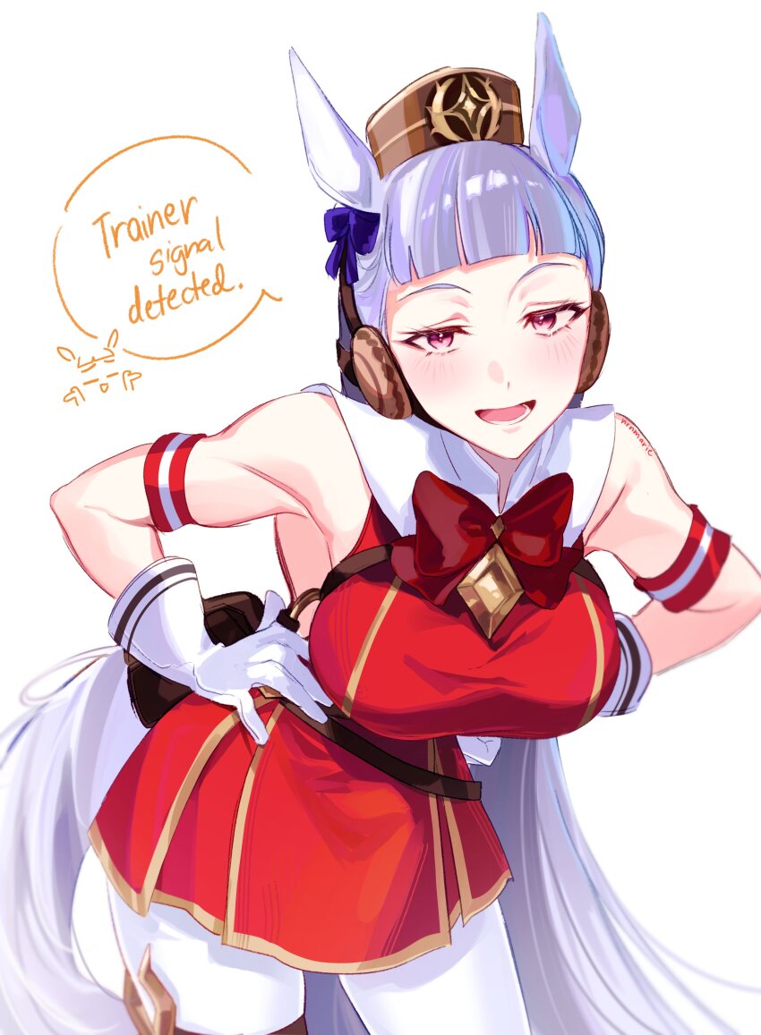 1girl, absurdres, animal_ears, armband, artist_name, bare_shoulders, blue_bow, blunt_bangs, blush, bow, bowtie, breasts, brown_hat, commentary, cowboy_shot, dress, ear_bow, english_commentary, english_text, gloves, gold_ship_(red_strife)_(umamusume), gold_ship_(umamusume), grey_hair, hand_on_own_hip, hat, highres, horse_ears, horse_girl, large_breasts, leaning_forward, long_hair, looking_at_viewer, meme, nrnmarie, open_mouth, pantyhose, pillbox_hat, pink_eyes, radar_alert_(meme), red_armband, red_bow, red_bowtie, red_dress, simple_background, sleeveless, sleeveless_dress, smile, solo, speech_bubble, talking, umamusume, very_long_hair, white_background, white_gloves, white_pantyhose