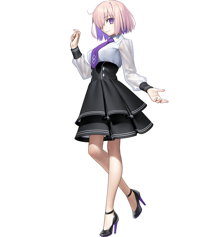 1girl, black_skirt, breasts, colored_inner_hair, fate/grand_order, fate_(series), high_heels, large_breasts, looking_at_viewer, mash_kyrielight, mash_kyrielight_(fgo_fes._2025), multicolored_hair, necktie, official_art, photoshop_(medium), pink_hair, purple_eyes, purple_hair, purple_necktie, see-through_clothes, shirt, short_hair, skirt, smile, solo, takeuchi_takashi, white_shirt
