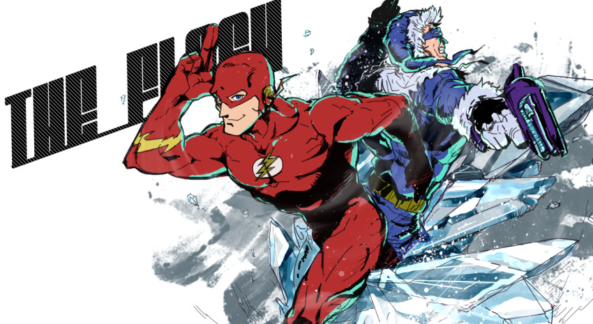 2boys, back-to-back, blue_jacket, bodysuit, captain_cold_(dc), character_name, dc_comics, fur_trim, gun, holding, holding_gun, holding_weapon, ice, ice_gun, jacket, logo, looking_at_viewer, multiple_boys, muscular, muscular_male, red_bodysuit, running, superhero_costume, the_flash, velnar, weapon, white_background