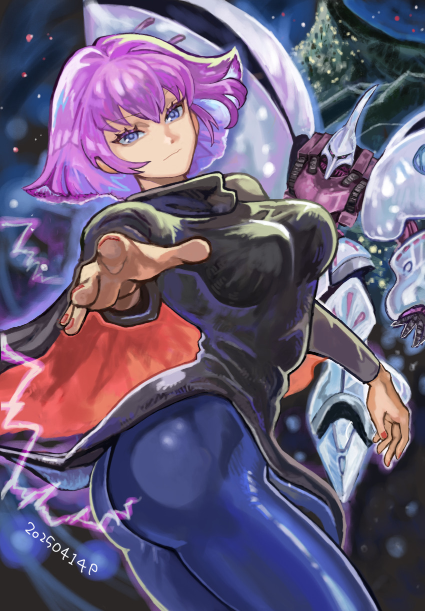 1girl, ass, asteroid, axis_(gundam), black_cape, black_dress, blue_eyes, blue_pants