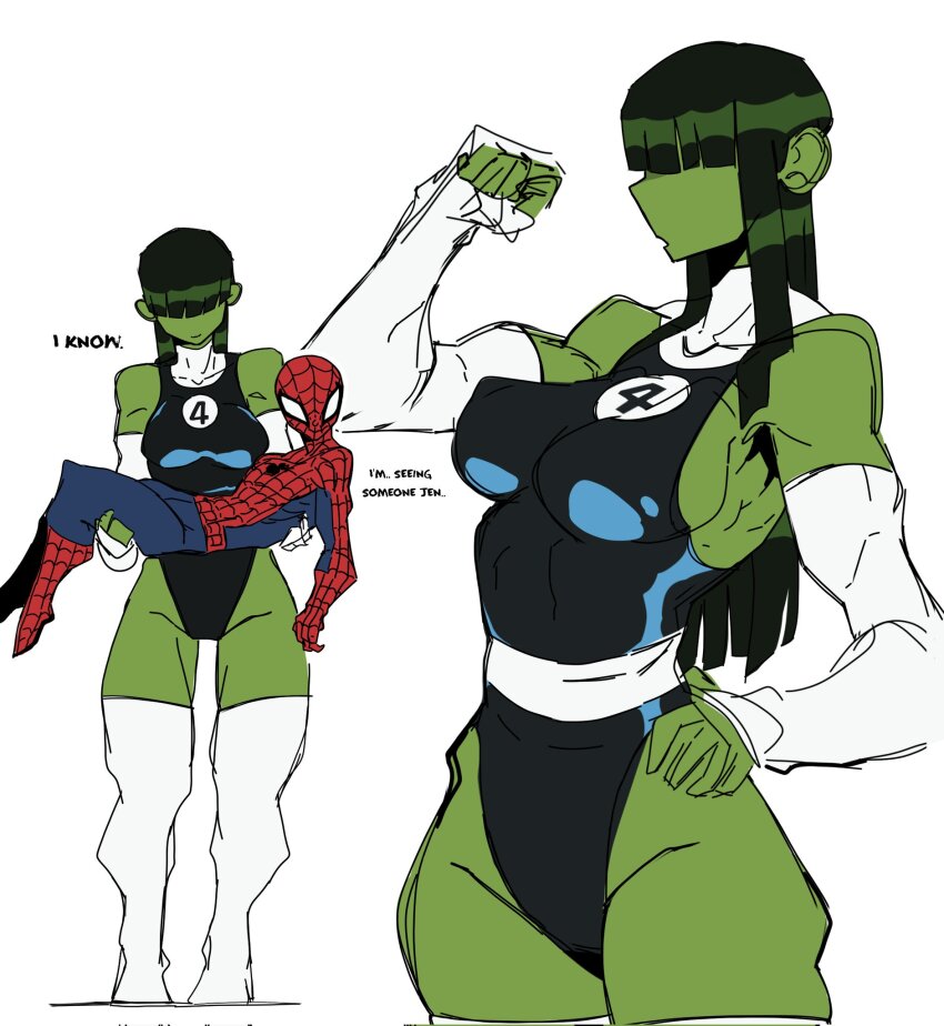 1boy, 1girl, alternate_hairstyle, bodysuit, breasts, carrying, colored_skin, curvy