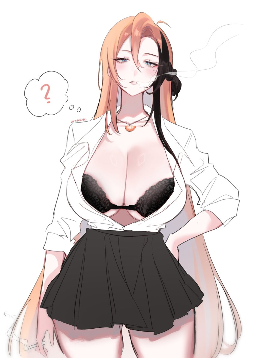 1girl, ?, absurdres, artist_name, black_bra, black_skirt, black_streaks, blue_eyes