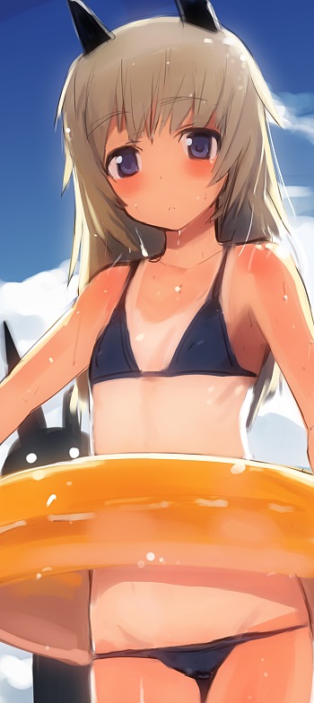1girl, animal_ears, bikini, black_bikini, blonde_hair, blue_eyes, blush, cat_ears