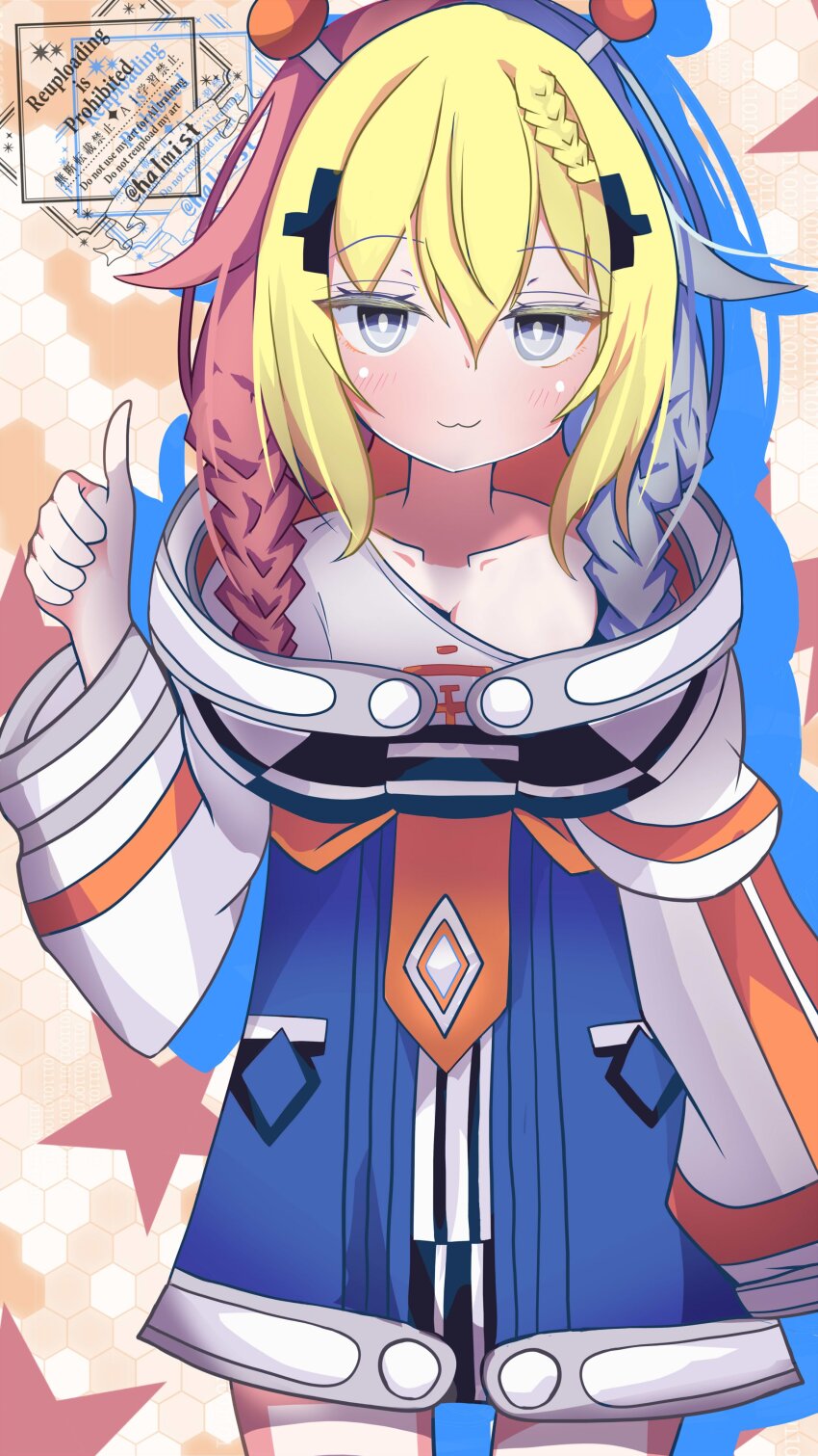 1girl, :3, absurdres, blonde_hair, blue_dress, blue_hair, blush, braid