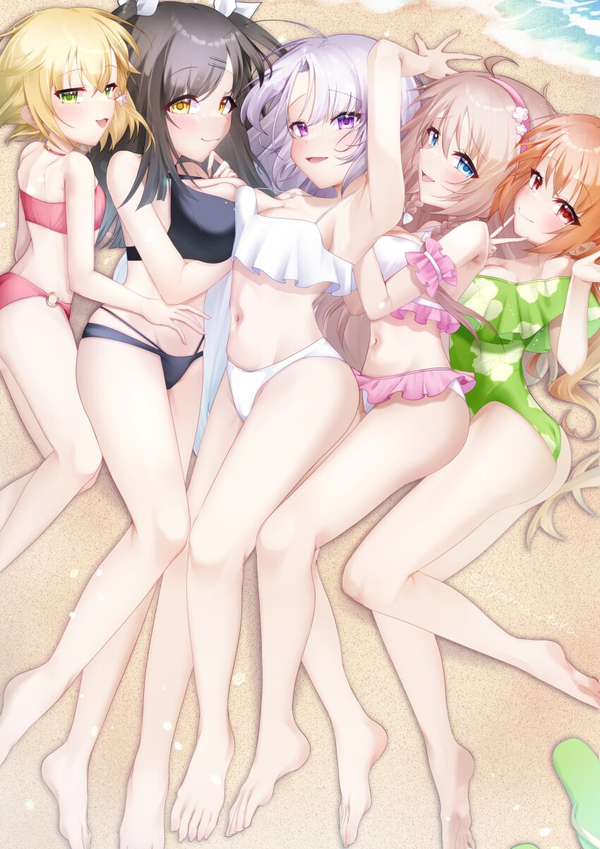 5girls, :3, :d, absurdres, ahoge, alternate_costume, arm_behind_head, armpits