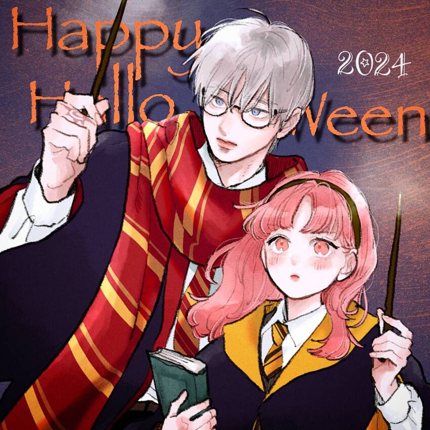 1boy, 1girl, alternate_costume, black-framed_eyewear, black_cloak, blue_eyes, blush, book, cloak, closed_mouth, collared_shirt, commentary_request, cosplay, deaf, diagonal-striped_clothes, diagonal-striped_necktie, double-parted_bangs, expressionless, finger_tattoo, fingernails, glasses, green_hairband, grey_hair, hair_between_eyes, hairband, halloween, halloween_costume, hand_up, hands_up, happy_halloween, harry_potter_(series), hearing_aid, highres, hogwarts_school_uniform, holding, holding_book, holding_wand, itose_yuki, itsuomi_nagi, light_frown, long_bangs, long_hair, morisita_suu, multicolored_necktie, multicolored_scarf, necktie, official_art, parted_bangs, pink_eyes, pink_hair, red_lips, red_necktie, red_scarf, scarf, school_uniform, semi-rimless_eyewear, shirt, striped_clothes, striped_scarf, tattoo, under-rim_eyewear, upper_body, v-shaped_eyebrows, wand, white_shirt, wing_collar, wizarding_world, yellow_necktie, yubisaki_to_renren