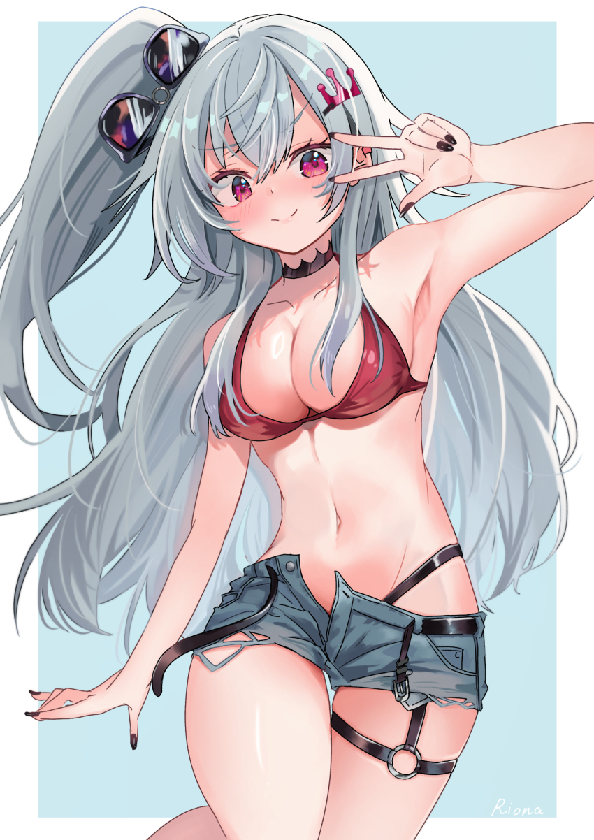 1girl, bikini, bikini_bottom_under_shorts, bikini_under_clothes, black_nails, blue_background, blue_shorts, border