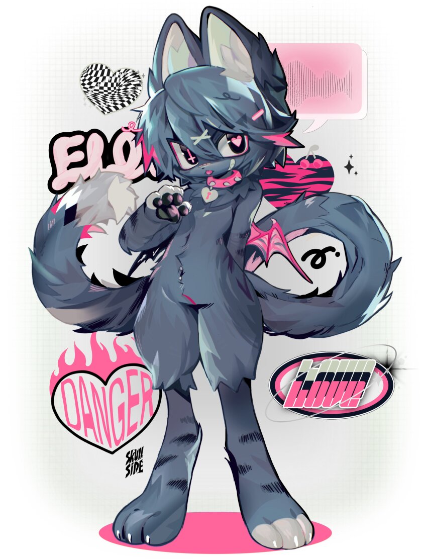 1girl, absurdres, acid_graphics, androgynous, animal_ears, animal_feet, animal_hands, bat_wings, black_eyes, cat_ears, cat_girl, cat_tail, claws, collar, commentary, completely_nude, cross, cross-shaped_pupils, digitigrade, emo_fashion, flat_chest, furry, furry_female, grey_fur, grey_hair, hair_between_eyes, heart, heart-shaped_pupils, highres, inverted_cross, nude, original, pawpads, pear-shaped_figure, pink_collar, short_hair, simple_background, skullsideart, solo, spiked_collar, spikes, untranslatable_commentary, symbol-shaped_pupils, tail, v-shaped_eyes, white_background, wide_hips, wings
