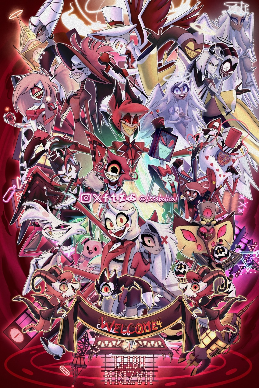 6+boys, 6+girls, absurdres, adam_(hazbin_hotel), alastor_(hazbin_hotel), angel, angel_dust, angel_wings