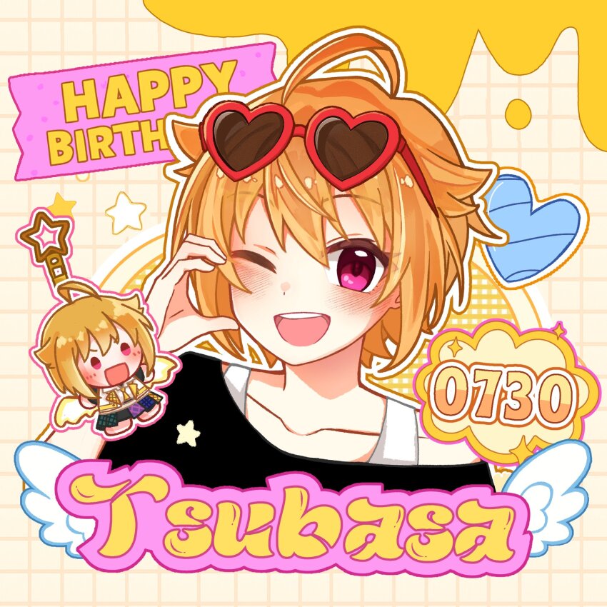 1girl, ahoge, black_shirt, blonde_hair, blush, character_charm, character_name, charm_(object)