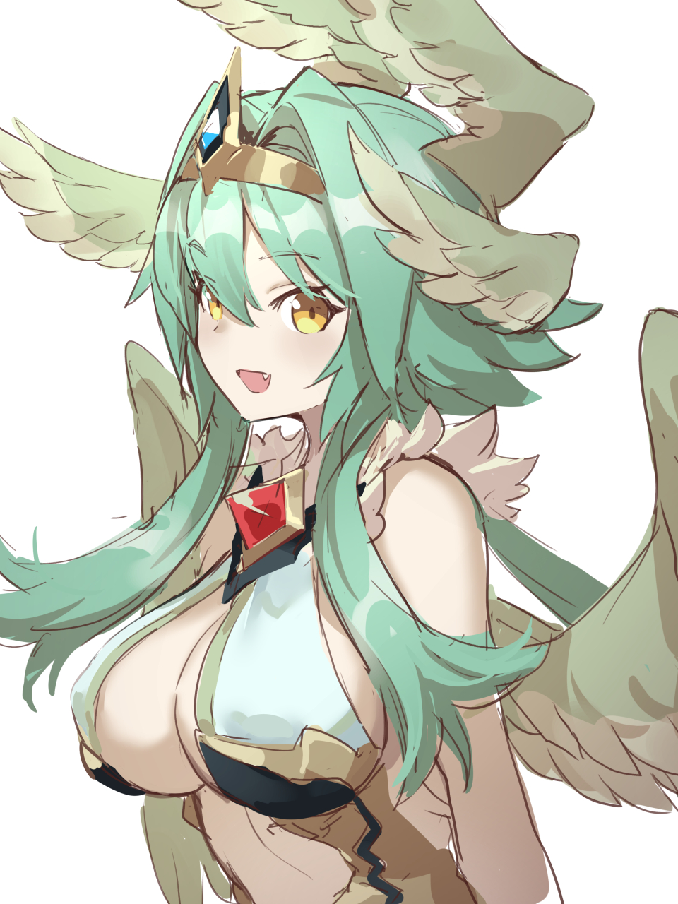 1girl, bare_shoulders, breasts, green_hair, highres, large_breasts, open_mouth, puzzle_&amp;_dragons