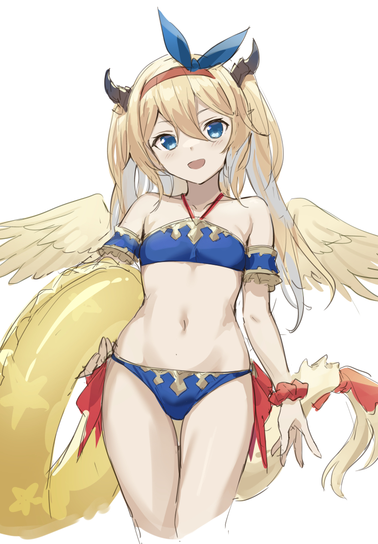 1girl, blonde_hair, blue_eyes, hair_ornament, horns, innertube, mariel_(p&amp;d), open_mouth