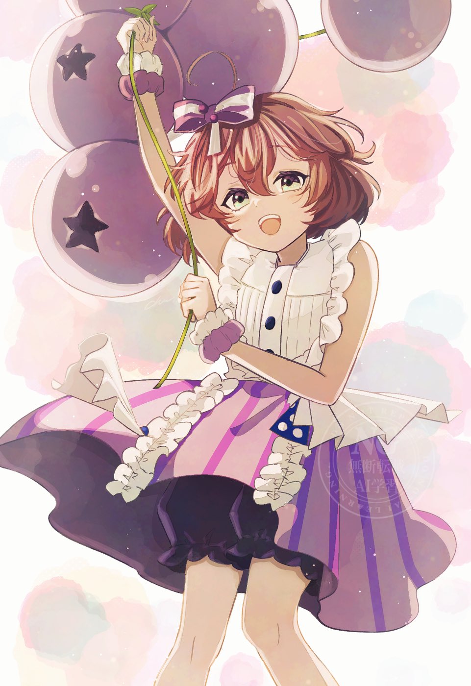 1girl, :d, aqua_eyes, arm_up, balloon, blueberry, bow, brown_hair