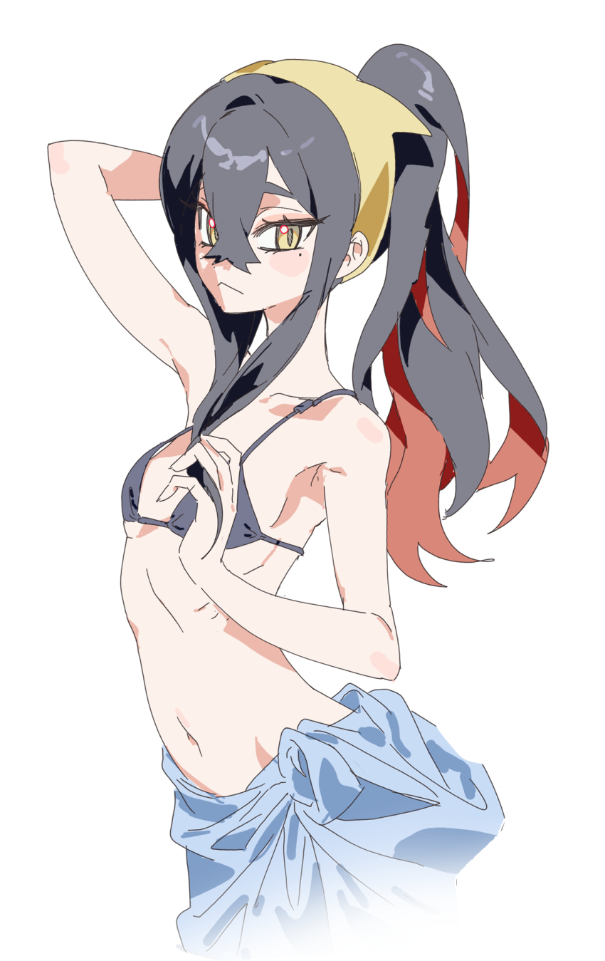 1girl, 5oh5s2, :<, alternate_costume, bikini, black_hair, carmine_(pokemon), closed_mouth