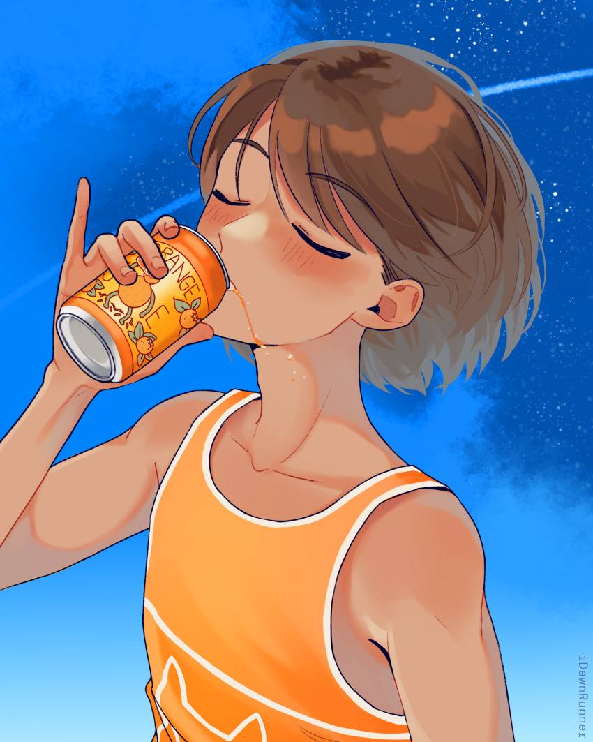 1boy, arm_at_side, artist_name, bare_arms, bare_shoulders, blue_sky, brown_hair, can