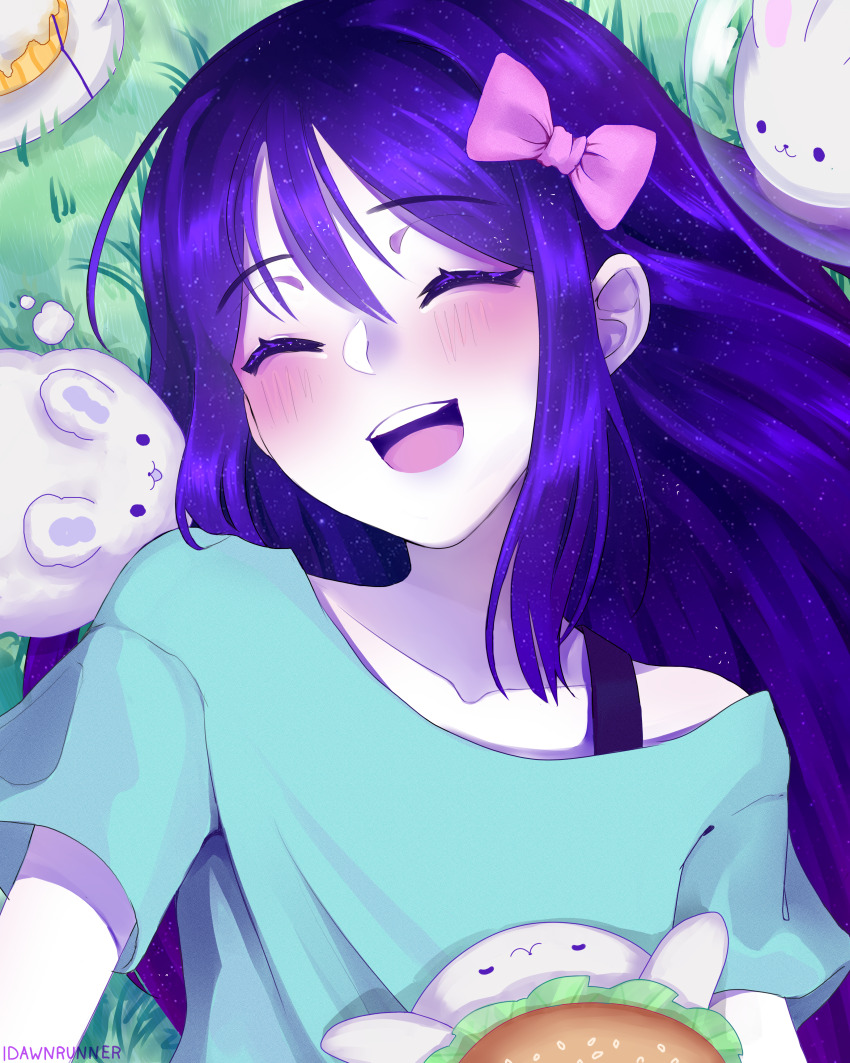 1girl, :d, ^_^, absurdres, animal, aqua_shirt, artist_name, aubrey_(headspace)_(omori)