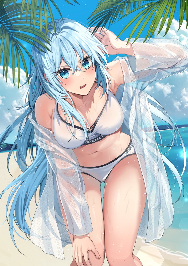 1girl, armpits, beach, bikini, blue_eyes, blue_hair, blue_sky, blush, breasts, chocho_(homelessfox), cloud, cloudy_sky, genius_summoner_at_necromancy_academy, hand_up, high_heels, long_hair, looking_at_viewer, meilyn_villenne, navel, open_mouth, palm_leaf, sky, solo, stomach, swimsuit, transparent_jacket, very_long_hair, water, water_drop, white_bikini