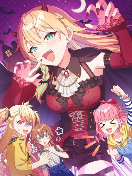 >_<, 4girls, aqua_eyes, arms_up, artist_request, bat_(animal), black_bow, black_bowtie