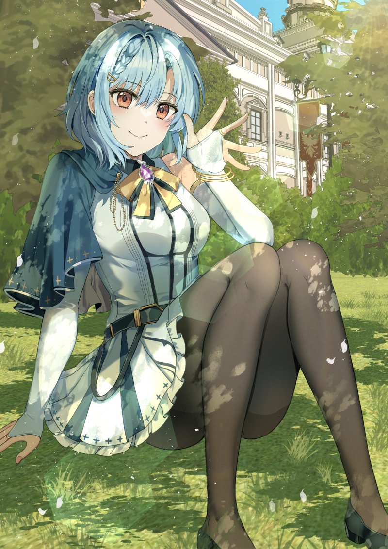 1girl, anna_pollentia, bare_shoulders, belt, black_pantyhose, blue_cape, blue_eyes, braid