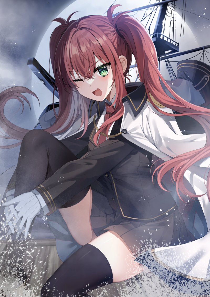 black_jacket, black_skirt, black_thighhighs, blush, cape, chocho_(homelessfox), elisa_celine, genius_summoner_at_necromancy_academy