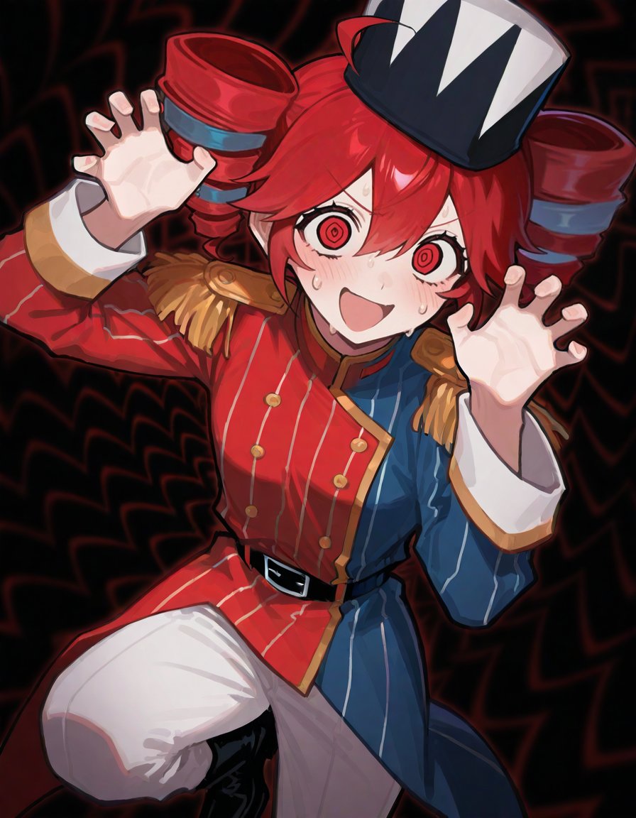 1girl, @_@, abstract_background, ahoge, ai-assisted, candycookiechocolate_(vocaloid), claw_pose, drill_hair