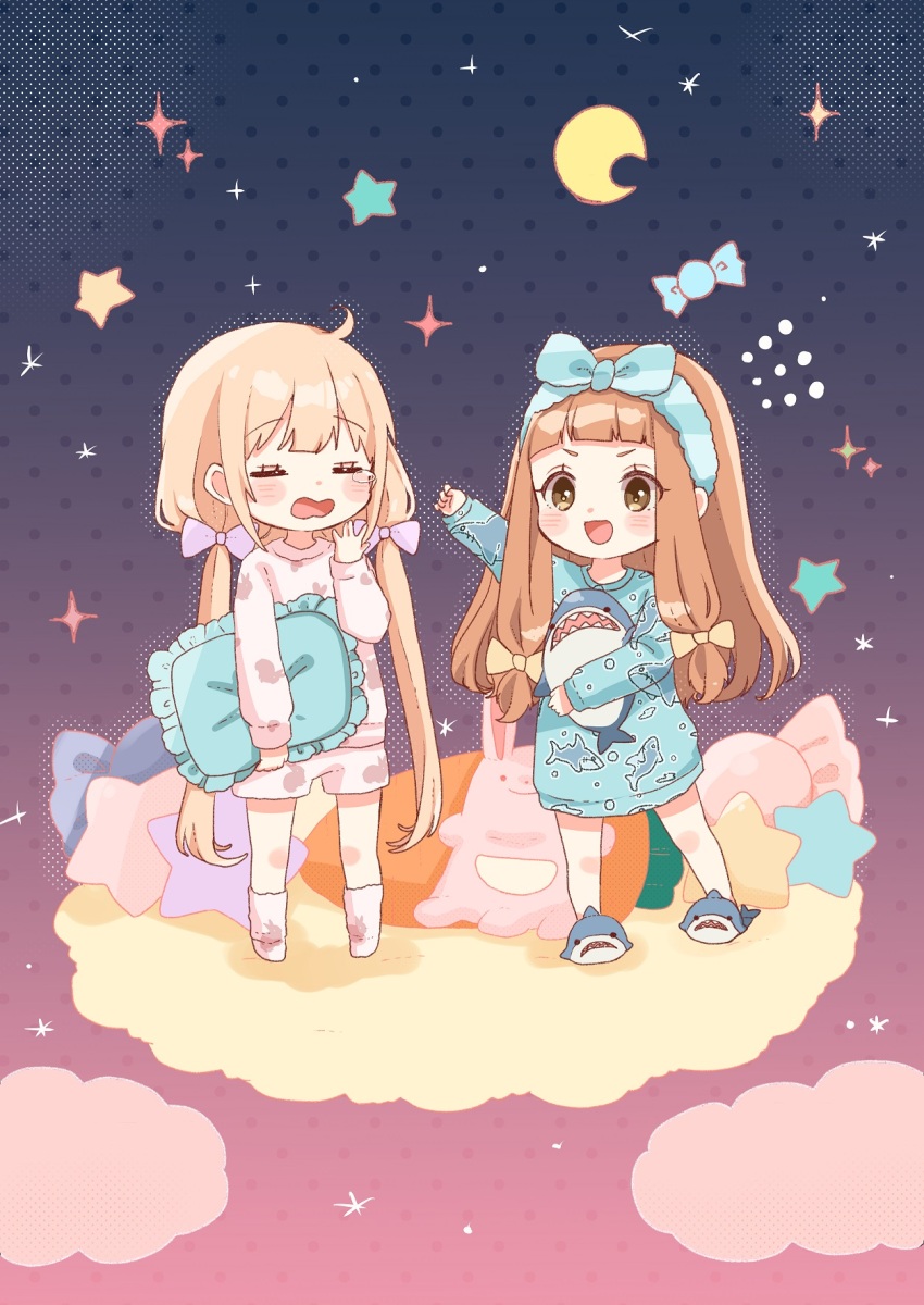 2girls, :d, animal_slippers, blonde_hair, blue_shirt, blush, bow, brown_bow