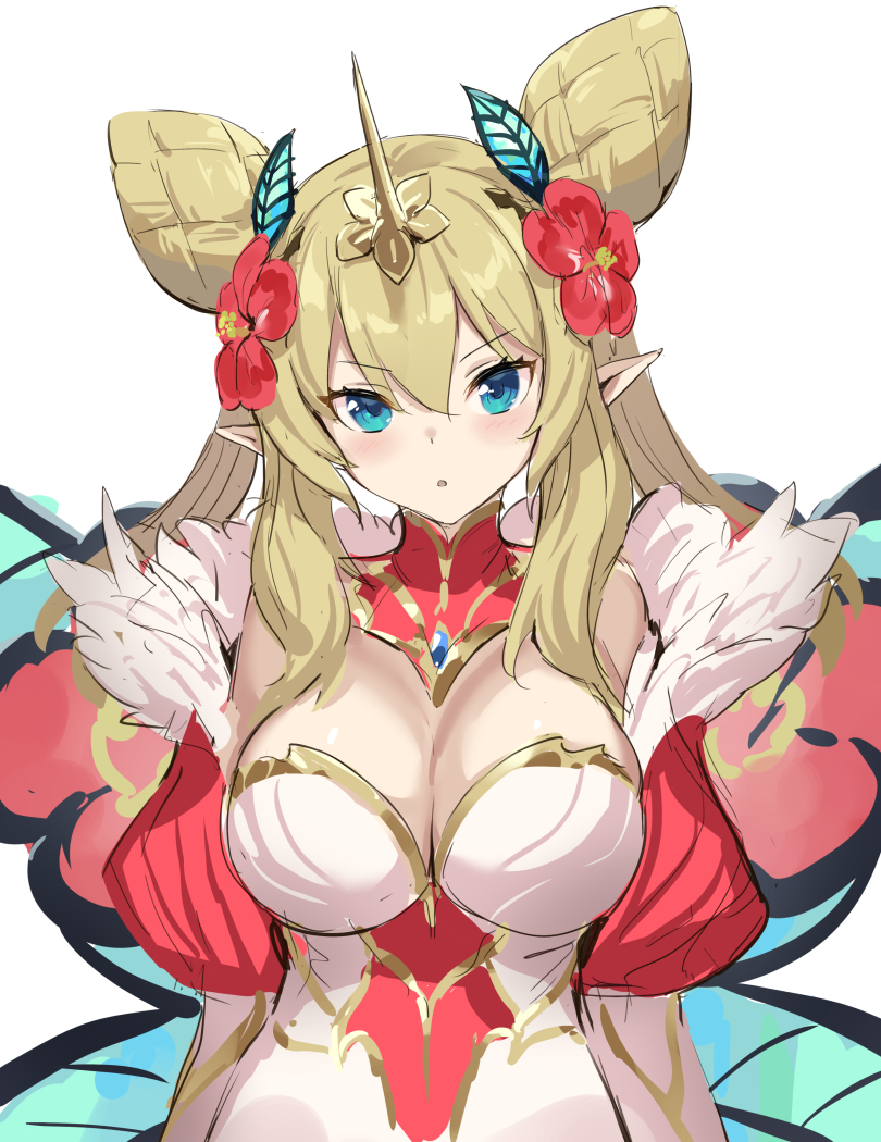 1girl, blonde_hair, blue_eyes, breasts, bug, butterfly, cleavage, dress